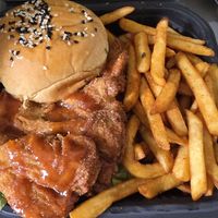 Chik'n Sandwich with Chipotle Fries at Eleven Oh 7 in Saint Michael