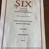 Vegan afternoon tea menu  at Six in Cambridge