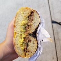 Amazing bagel with vegan meat and scrambled tofu. We also had their 2 other bagels and they were SO GOOD at Just What I Kneaded in Los Angeles