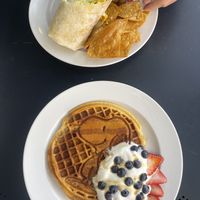 Waffle and breakfast burrito   at Just What I Kneaded in Los Angeles