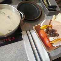 Miso Soup Base and vegetable (vegan) platter at Gokudo Shabu Shabu in Burnaby