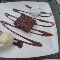 Warm chocolate fudge brownie, with ice-cream at Green Island Bistro in Rhuddlan