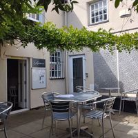 Shaded courtyard at Green Island Bistro in Rhuddlan