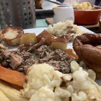 Minted jackfruit, cauliflower cheeze, Yorkshire pudding in a roast dinner  at Green Island Bistro in Rhuddlan