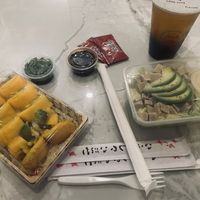 Gold veggie dragon roll and crab salad (with lychee vegan green tea)  at Mika Sushi in Scarborough