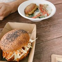 Pulled jackfruit burger and felafel bowl.  at GROW in Anglesea