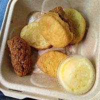 Vegan chicken and biscuits with vegan honey butter at Project Pollo in Austin