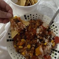 Chilli and chips (I added the rice) at Chillicon Valley in Puerto Escondido