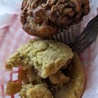Breakfast biscuit sandwich, stuffed with seasoned tofu cubes, with monkey bread muffin at Sinfull Bakery in Houston