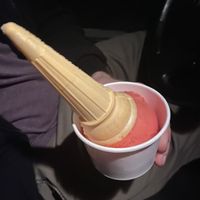 Vegan and gluten-free Strawberry sorbet on a gluten-free cane cone at Nice Cream in Del Mar