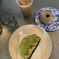 Avocado toast, pistachio donut and iced coffee   at Le Petit Monstre in Brooklyn