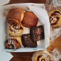 Cinnamon buns (fresh and lefotover), brownie, choclate croissant at Le Petit Monstre in Brooklyn