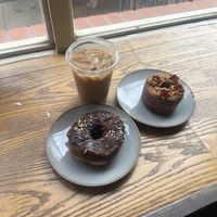 Chocolate doughnut, and PB & J cronut, iced oat vanilla latte   at Le Petit Monstre in Brooklyn