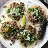 Buche Tacos with beans and oister mushrooms at Tapatia Vegan Tacos in Tulum