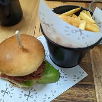 Caesar burger with chips at The Old Garage in Camberwell