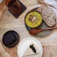 Tofu brownie, mugwort cake and soup of the day at LouLou Vegan in Jeju