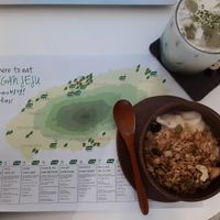 Homemade soy yogurt and Jeju vegan map at LouLou Vegan in Jeju