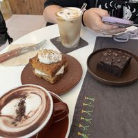 Carrot cake, brownie, soy latte and soy chocolate.  at LouLou Vegan in Jeju