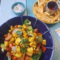 Vegan veggie bowl and fries at Elephant in Koh Lipe
