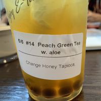 Peach tea with “honey” tapioca. They assured me that the honey is vegan and not from bees.  at Vegan Deadly Sins in Sacramento
