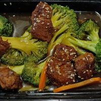 Pork and broccoli at Vegan Deadly Sins in Sacramento