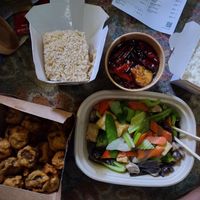 Buddha's Delight, General Tsos mushrooms sauce on the side, white/brown rice at Cozy Wok in Oakland