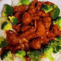 Orange "chicken" with broccoli and white rice at Cozy Wok in Oakland