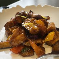 Stir fried eggplant and monkey head mushroom dish   at Emerald 珺 in Hong Kong Island