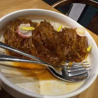 Stirred glass noodle & vegan shark fin with Sichuan spicy sauce  at Emerald 珺 in Hong Kong Island