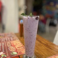Horchata w hint of blackberry  at Layla Restaurant Plants & Mushrooms in Puerto Morelos