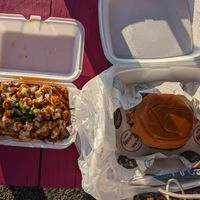 here are the burger and fries next to each other. I ended up having to save the burger for home because I got full from the fries alone. Very delicious as always. 💜 at Houstatlantavegan in Houston