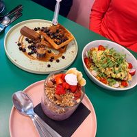 Biscoff it down waffles (only available at plant bae, other waffle options available at grams). Say cheese avocado toast. Superfood smoothie bowl. Delicious!   at Grams in Edinburgh