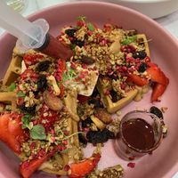 Vegan waffles- plant based and jelly  at Grams in Edinburgh