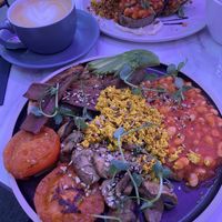 Plant based breakfast and oat milk latte.  at Grams in Edinburgh