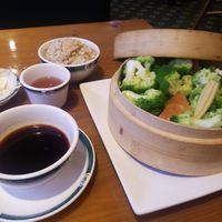 Mixed veggies and brown rice w/ sauce at Veggie Heaven in Teaneck