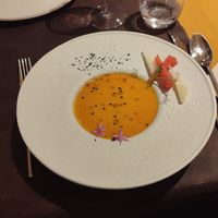 Salmorejo de fruta de la pasión con fruta de temporada at La Cuadrina de Tanislao in Asturias