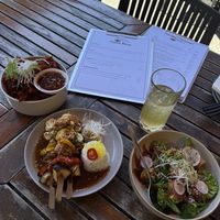 Kumara chips, vegetable yakitori (yassaiyaki), and tofu dish.  at Piku Izakaya Japanese in Havelock North