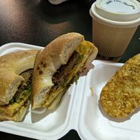 Santa Fe on plain bagel, hash brown, and a fantastic white chocolate macadamia mocha at Hollycake House in East Rochester