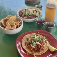 Tacos with corn tortilla chips and "shrimp" cocktail dish (cold, refreshing & filling? at Veggie Veggie in Puerto Morelos