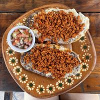 Soyrizo Mollettes with black beans and cheese (vegan)  at Veggie Veggie in Puerto Morelos