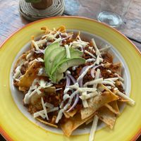 Red chilaquiles at Veggie Veggie in Puerto Morelos