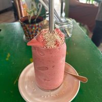 Strawberry, Raspberry and Banana smoothie  at Veggie Veggie in Puerto Morelos