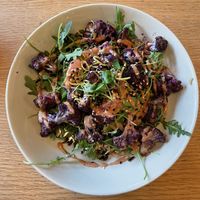 My favorite dish and this super cute place; wild rice, cauliflower, arugula, and some super amazing dressing. Yummy  #Veganuary at Aunts et Uncles in Brooklyn