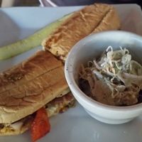 Vegan cheesesteak sandwich and vegan coleslaw at Galaxy Hut in Arlington