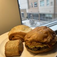 Vegan breakfast sandwich, chocolate croissant and rugelach I brought back to my hotel.  at Allegro Bakery in Pittsburgh