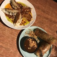 Teriyaki king oyster mushroom rice paper rolls & house made potsticker dumplings  at Vego Delish in Perth