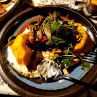 Roast pumpkin on hummus. at Monster Kitchen and Bar in Canberra