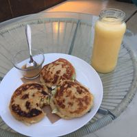 Gordita de chicarron with a mango smoothie---YUMMMMM!!!!!!!!! at Coral Restaurante in Cozumel