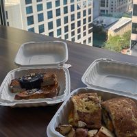 Stuffed French toast and Lumberjack breakfast sandwich. at Brunch Bird in Austin