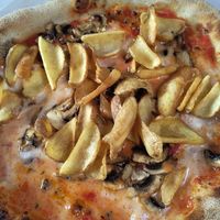 La Vegana, formaggio veg, pomodoro, funghi e patatine fritte at Il Mortaio di Sam e Simo in Genoa